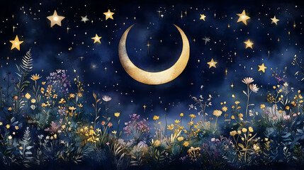 Fototapeta premium Moon and Stars Shine Over Blooming Wildflowers at Night