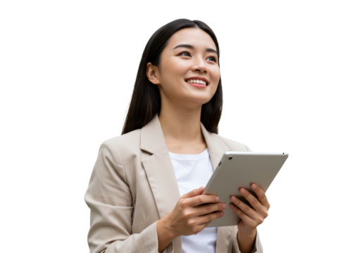 A smiling young woman in a beige blazer over a white shirt, holding a tablet while standing outdoors, looking upward