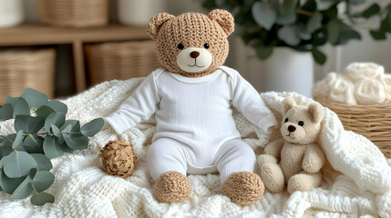 Cute Teddy Bear Wears White Outfit, Sits Comfortably on Soft Blanket