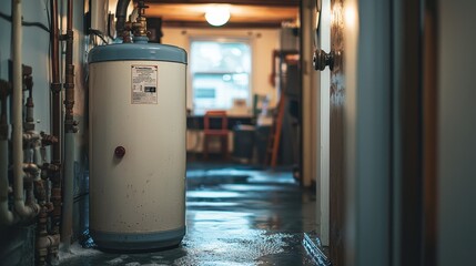 A water heater stands in a dimly lit hallway, reflecting a cozy atmosphere, with water pooling on the floor, suggesting recent use or maintenance.