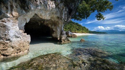 Fototapeta premium Tropical beach cave entrance, clear water, island backdrop, idyllic scene, travel