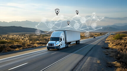 Truck Travels Highway with GPS Tracking Route Efficiently at Dawn