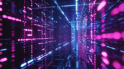 Obraz premium A captivating digital corridor with vibrant pink and blue neon lights, evoking a futuristic atmosphere.