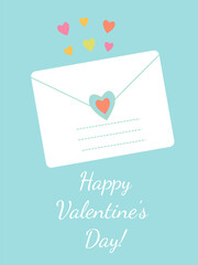 Bright Valentine's Day card with a letter and hearts on a blue background