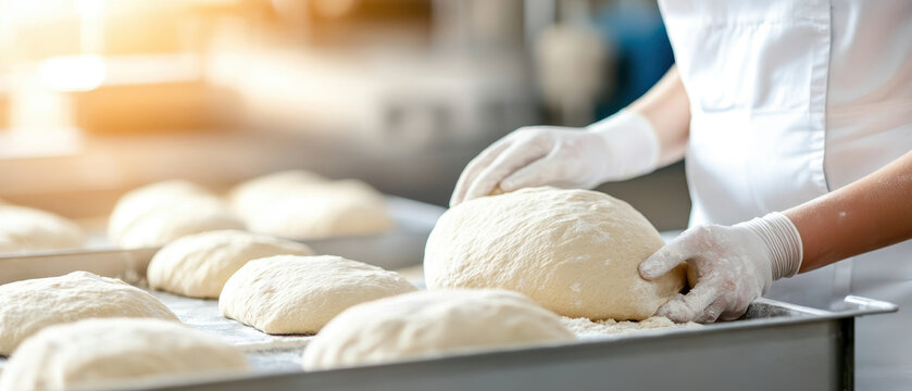 A baker prepares fresh dough in a bakery, showcasing the art of bread making with pristine ingredients and careful technique.