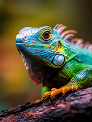 Fototapeta premium A colorful iguana perches gracefully on a wooden log, its vibrant colors highlighted by the soft focus of nature, showcasing the wonder and beauty of wildlife in harmony with the environment.