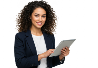 A confident woman with curly dark brown hair wearing a navy blazer over a white shirt, holding a tablet and smiling