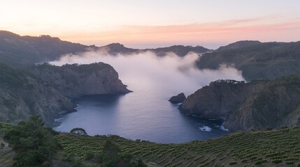 Coastal Vineyard Sunset with Misty Inlet and Cliffs