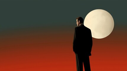 Obraz premium Man in Suit Silhouetted Against Large Moon Over a Gradient Sky at Dusk with Dramatic Color Contrast
