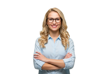 A blonde woman with wavy hair wearing glasses and a light blue shirt, standing with arms crossed and smiling