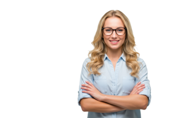 A blonde woman with wavy hair wearing glasses and a light blue shirt, standing with arms crossed and smiling