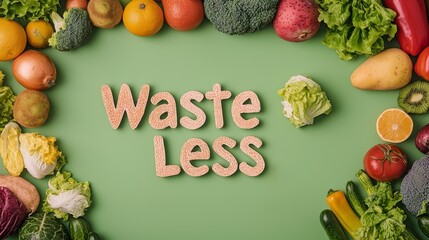 Reduction food waste concept. Fresh produce arranged around the message "Waste Less.