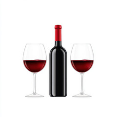A bottle of red wine accompanied by two elegant wine glasses. isolated on white background.