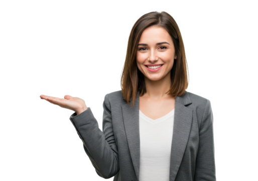 A smiling woman with shoulder-length brown hair, wearing a gray blazer over a white blouse, holding one hand open in a presenting gesture