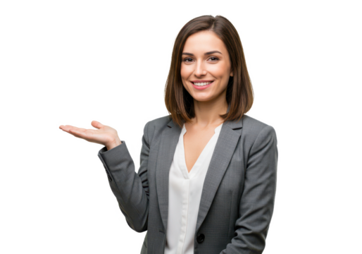 A smiling woman with shoulder-length brown hair, wearing a gray blazer over a white blouse, holding one hand open in a presenting gesture