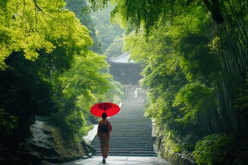 A Japanese woman in a kimono walks through a bamboo forest, holding a red umbrella. 