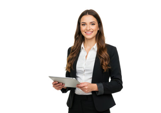 A cheerful woman with long brown hair, wearing a black blazer over a white blouse, holding a tablet and standing