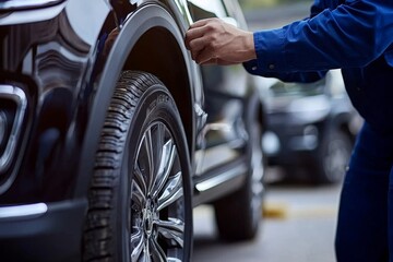 A young mechanic is fitting a wheel onto a car that's elevated in a workshop.