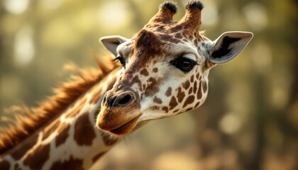 Naklejka premium Giraffe portrait in golden sunlight with detailed fur pattern and gentle eyes looking forward