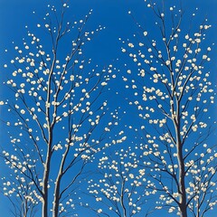 White Blossoms Adorn Bare Branches Against Vivid Blue Sky
