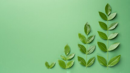 Sustainable goal achievement concept. Green leaves arranged in a gradient on a solid background.