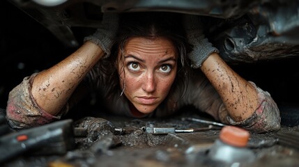 A woman engages in hands-on work beneath a car, showcasing her determination and skill. The gritty scene highlights her dedication to the automotive field and her passion for repairs.