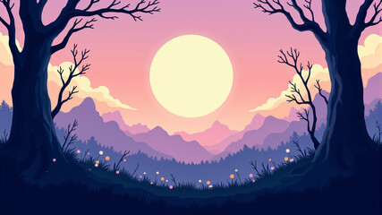 A serene sunset landscape featuring silhouetted trees, vibrant flowers, and a large glowing sun.