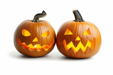 Two carved jack-o'-lanterns with glowing faces, featuring slanted eyes and jagged, mischievous grins. Ideal for a spooky Halloween display