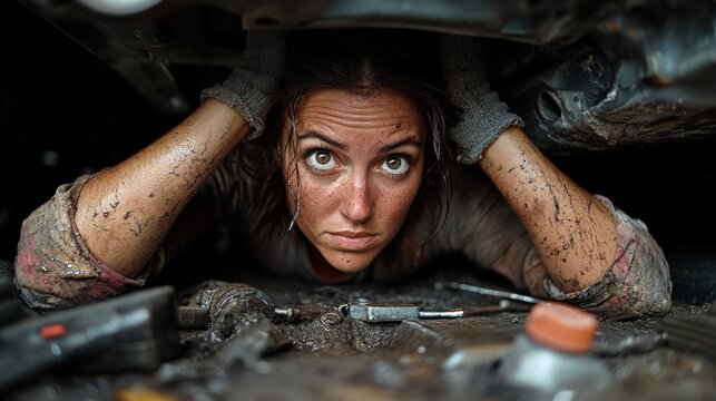 A woman engages in hands-on work beneath a car, showcasing her determination and skill. The gritty scene highlights her dedication to the automotive field and her passion for repairs.