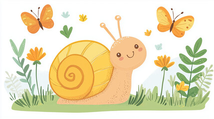cute and friendly snail illustration with butterflies and flowers in garden