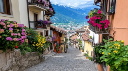 Colorful Flowery Hillside Village Street Scene