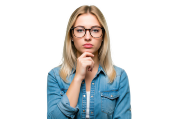A young woman with blonde hair, wearing glasses and a denim shirt, holding her chin in a thoughtful pose. The image is isolated on a white background