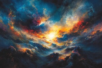 Dramatic Cloudscape at Sunset Over Turbulent Ocean Waves with Vibrant Colors and Intricate Textures in a Surreal and Dreamlike Atmosphere