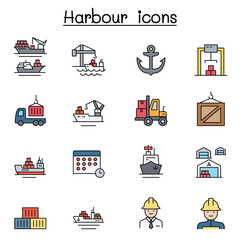 Port icon set in thin line style