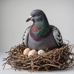 A pigeon sitting in a tiny nest with eggs, white background.