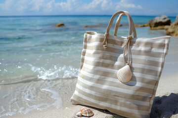 Beach tote bag with seashell charm, striped coastal design.