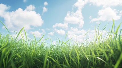 Vibrant green grass swaying under a bright blue sky filled with fluffy white clouds.
