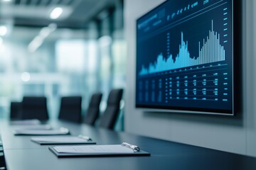 Economic report outlook concept. Modern conference room with data visualization on screen.