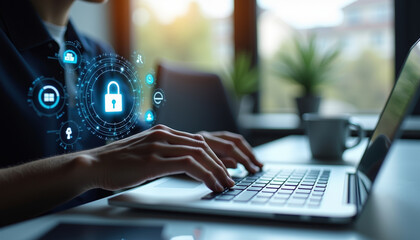 Hands typing on laptop with blue cybersecurity hologram.