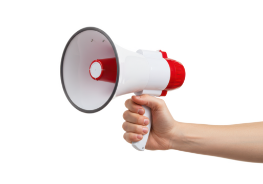 A hand holding a white megaphone with a red speaker, isolated on a white background