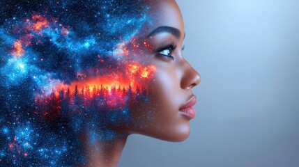 "Artistic Double Exposure Portrait: Forest Landscape Merged with Female Face"