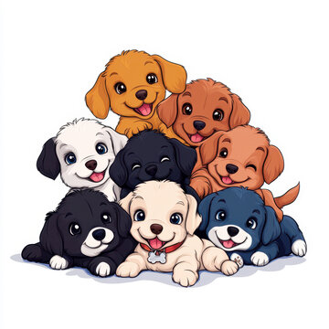 A colorful illustration of adorable puppies playing together in a cheerful arrangement. isolated on white background.