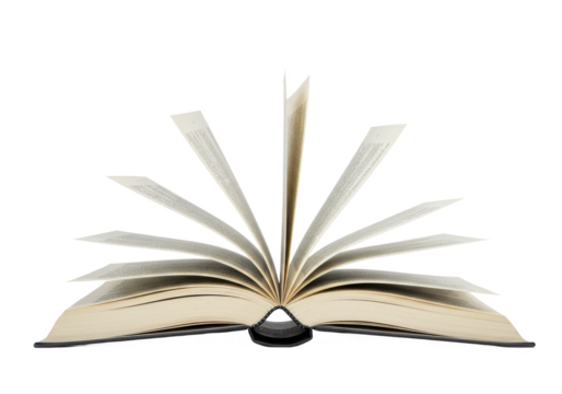 An open book with visible printed text, with some pages flipping naturally as if caught by a breeze