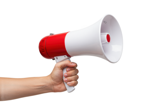 A hand holding a white megaphone with a red speaker, isolated on a white background