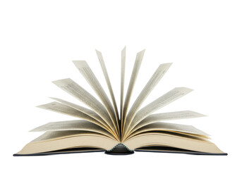 Fototapeta premium An open book with visible printed text, with some pages flipping naturally as if caught by a breeze