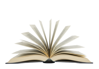 An open book with visible printed text, with some pages flipping naturally as if caught by a breeze