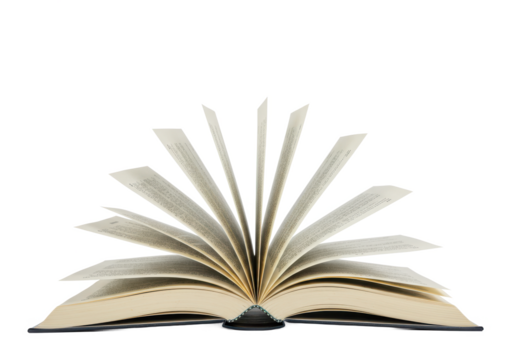 An open book with visible printed text, with some pages flipping naturally as if caught by a breeze