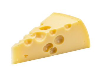 A triangular slice of Swiss cheese with holes of various sizes, isolated on a white background