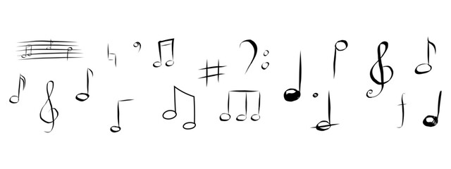 Music note hand drawn sketch silhouette, cute doodle melody. Line music elements. Simple marks, sound.