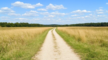 Country Road Leading Through Golden Field Under Blue Sky